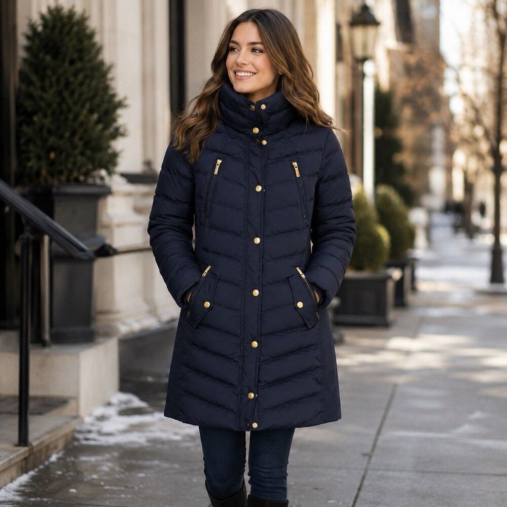 Michael Kors Women’s Blue Long Faux Fur Hooded Down Puffer Coat Jacket Size L